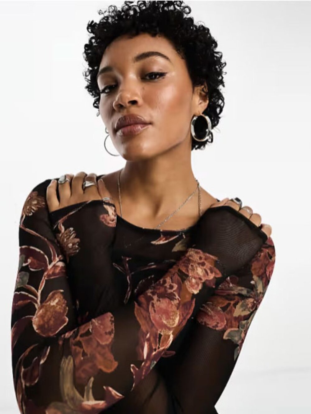 Free People Floral Printed Mesh Long Sleeve Top in Black Combo